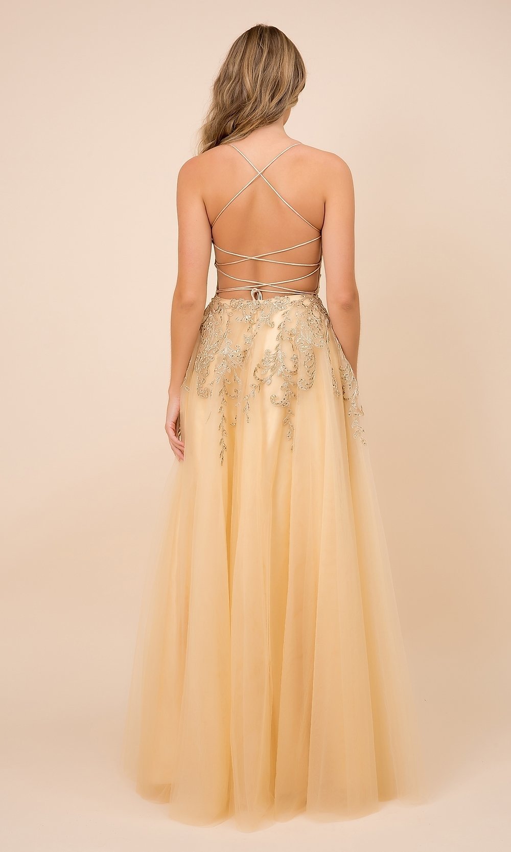 Embroidered Gold Open-Back Tulle Prom Dress - PromGirl